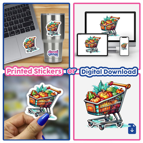 Colorful grocery cart stickers featuring a digital artwork design showcasing fresh produce in a shopping cart, available as printed stickers or digital downloads from the Decal Venue store.