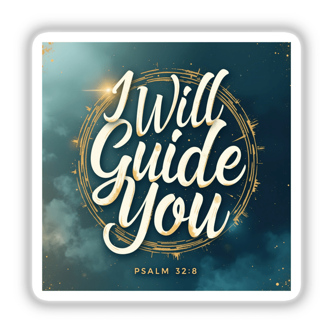 Christian Sticker | I Will Guide You - Psalm 32:8 features bold white text on a blue background, embodying the message of direction and guidance. Available as stickers or digital artwork.