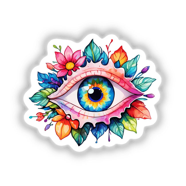 Third Eye Vision: A vibrant eye surrounded by intricate floral designs, available as stickers or digital artwork.