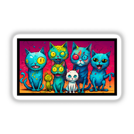 Six crazy colored Psycho Cats depicted in cartoon style, showcasing varied eye expressions. Available as stickers or digital artwork, perfect for adding a whimsical touch to any surface.