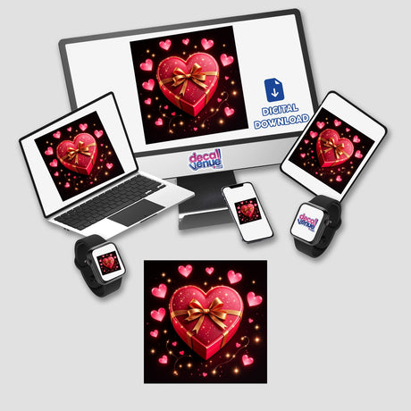 Heart-Shaped Box of Chocolates with Gold Ribbon displayed on a laptop screen, surrounded by various electronic devices. Available as stickers or digital artwork, reflecting Decal Venue's unique offerings.