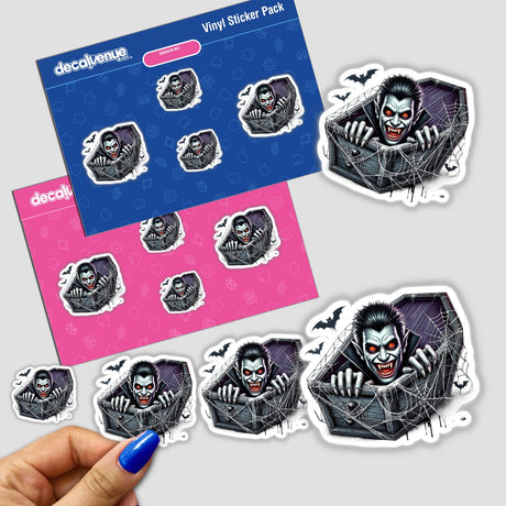 Creepy vampire peeking out of a coffin-shaped sticker set against a spooky, dark background, featuring a variety of Gothic and Halloween-themed digital art stickers.