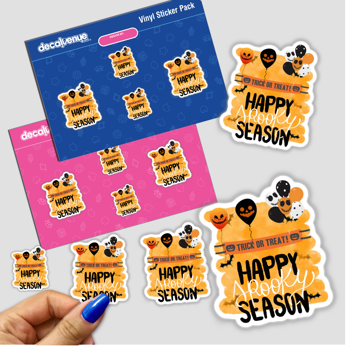 Happy Spooky Season stickers featuring diverse designs, including balloons and Halloween themes, from Decal Venue's unique collection of stickers and digital artwork.