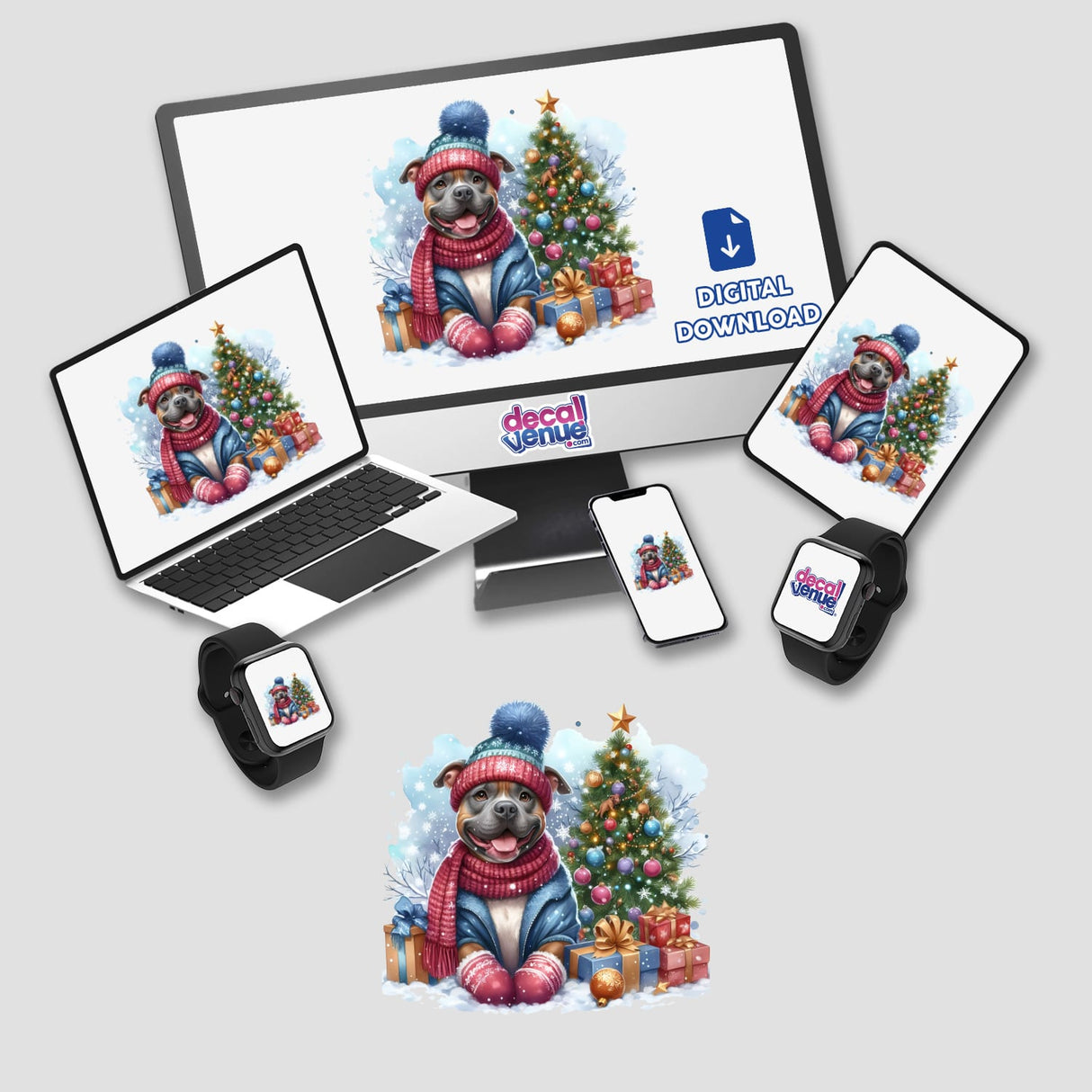 Bundled Up Christmas Pitbull Dog Portrait displayed on a computer monitor and laptop, featuring a dog in a festive hat and scarf, available as unique stickers or digital artwork at Decal Venue.