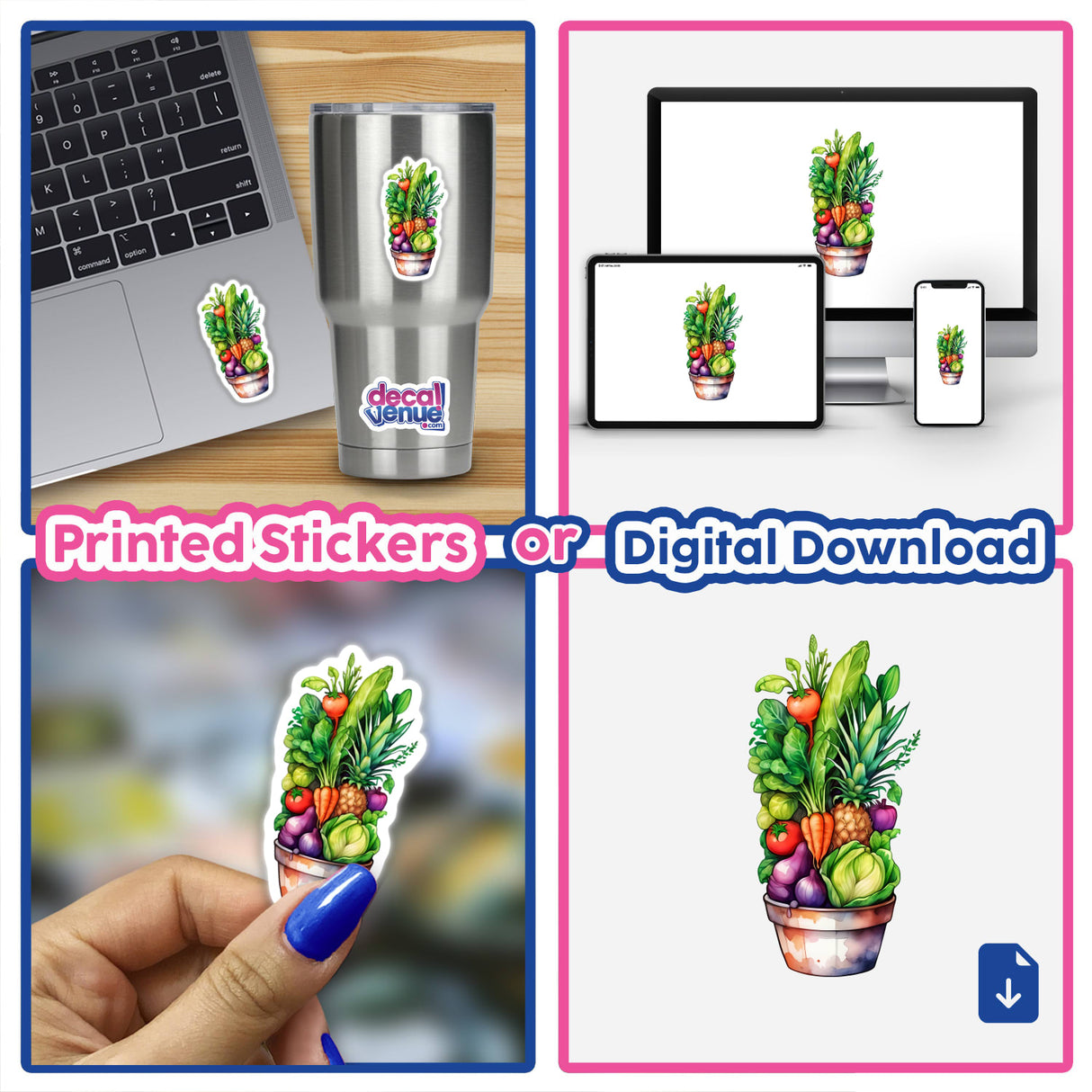 Farmers Market Vegetables Sticker | Basket of Fresh Produce Art: A collage of vibrant fruits and vegetables, showcasing a diverse range of produce, ideal for stickers or digital artwork.