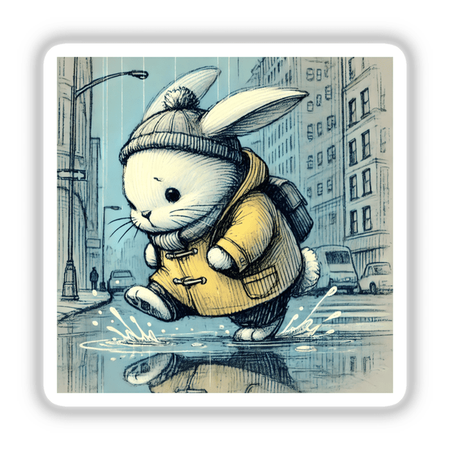 Frowning Rabbit in a Raincoat: Cartoon illustration of a rabbit wearing a raincoat and hat, available as stickers or digital artwork.