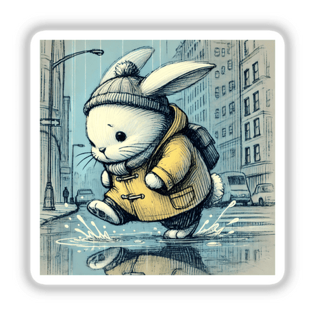 Frowning Rabbit in a Raincoat: Cartoon illustration of a rabbit wearing a raincoat and hat, available as stickers or digital artwork.