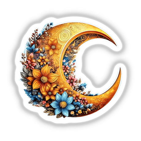 Vibrant floral crescent moon with colorful blooming flowers and lively patterns, digital artwork featuring a unique decorative design.