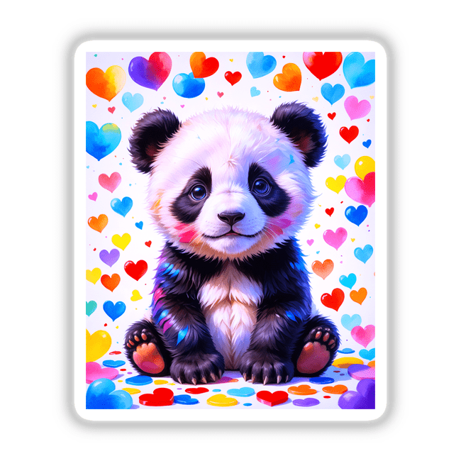 Cute Panda Bear With Love Hearts design, available as stickers or digital artwork, featuring a cartoon panda surrounded by various heart shapes, perfect for adding charm to any space.