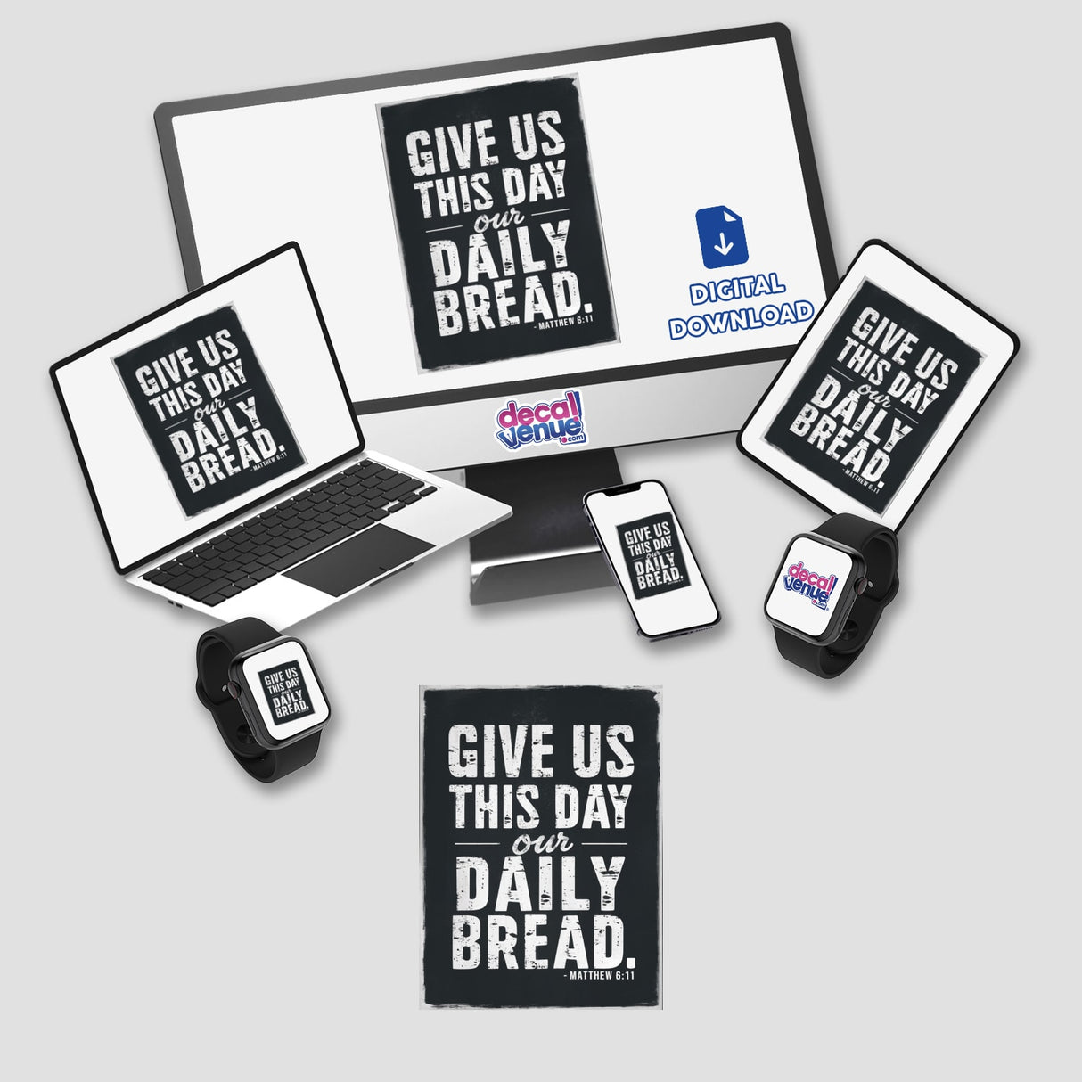 Inspirational Bible Verse Clipart - Give Us This Day Our Daily Bread - Matthew 6:11 displayed on a laptop screen, available as Stickers or Commercial Rights Download.