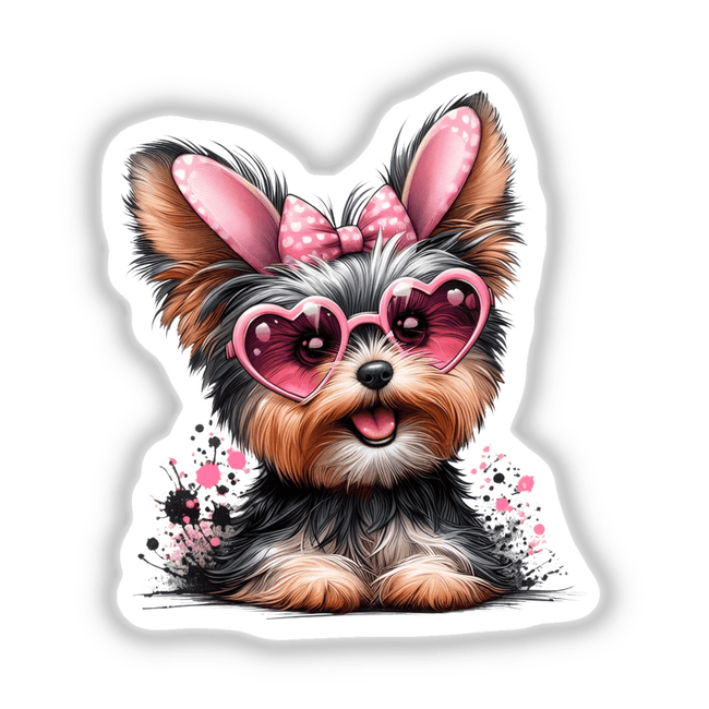 Cute Easter Yorkie Bunny sticker featuring a dog wearing pink heart-shaped sunglasses. Available as a whimsical digital artwork, perfect for pet lovers and unique decor enthusiasts.