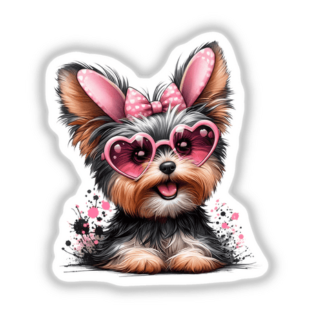 Cute Easter Yorkie Bunny sticker featuring a dog wearing pink heart-shaped sunglasses. Available as a whimsical digital artwork, perfect for pet lovers and unique decor enthusiasts.