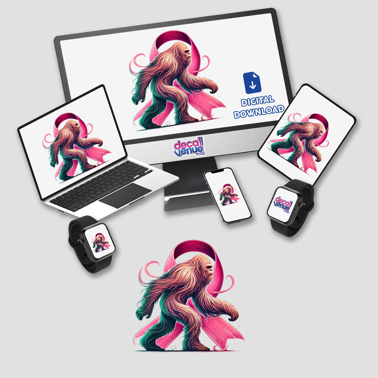 Sasquatch Pink Ribbon Breast Cancer design on a computer monitor and laptop, featuring a playful cartoon character. Ideal for DIY projects, available as stickers or digital download from Decal Venue.