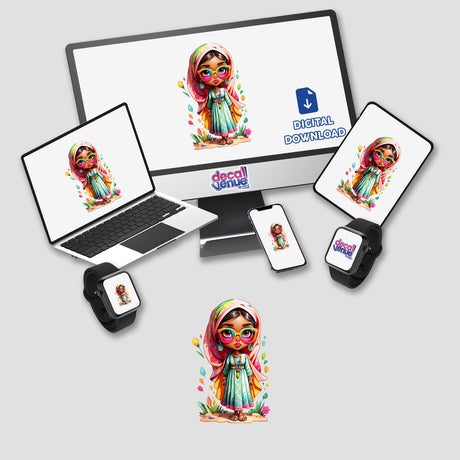 Fashionable Arabic Girl cartoon displayed on various devices, including a computer monitor and laptop, available as stickers or digital artwork.