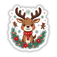 Adorable Reindeer Cartoon Festive Christmas sticker or digital artwork featuring a reindeer with a scarf, surrounded by snowflakes. Available at Decal Venue for unique holiday-themed decor.