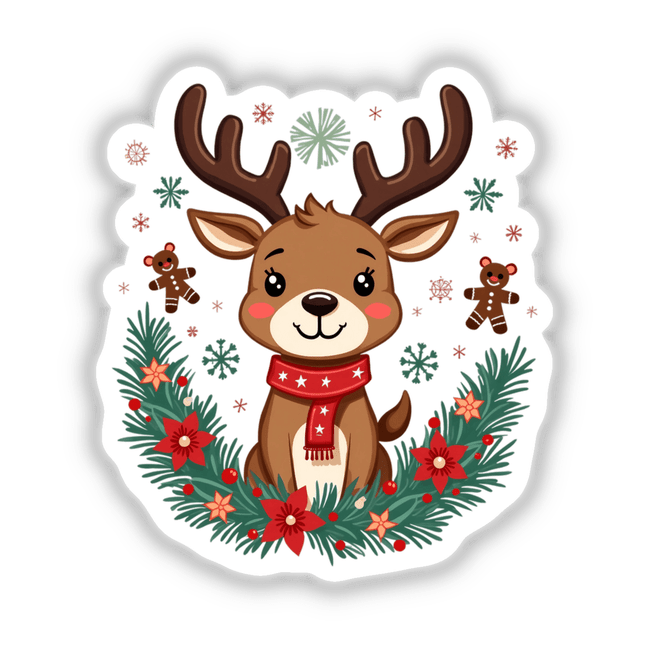 Adorable Reindeer Cartoon Festive Christmas sticker or digital artwork featuring a reindeer with a scarf, surrounded by snowflakes. Available at Decal Venue for unique holiday-themed decor.