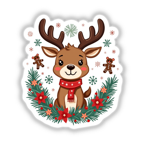 Adorable Reindeer Cartoon Festive Christmas sticker or digital artwork featuring a reindeer with a scarf, surrounded by snowflakes. Available at Decal Venue for unique holiday-themed decor.