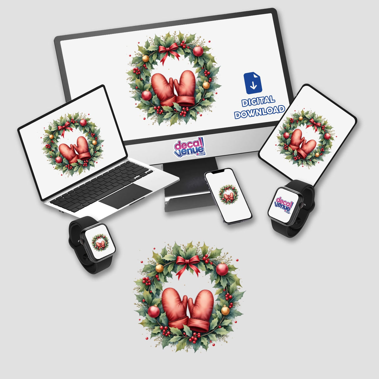 Pair of Mittens in a Christmas Wreath displayed on screens, showcasing festive digital artwork available as stickers or digital downloads, aligning with Decal Venue's unique art offerings.