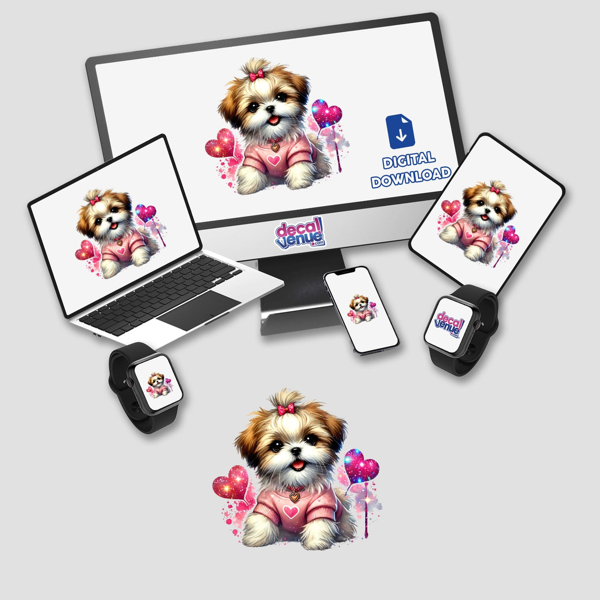 Glitter Hearts Shih Tzu Dog displayed on computer monitor and laptop screens, featuring a cute dog in a pink shirt. Available as unique stickers or digital artwork.