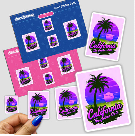 California The Golden State sticker pack features vibrant graphics with palm trees and a sunset, held in a hand, exemplifying Decal Venue's unique blend of stickers and digital art.