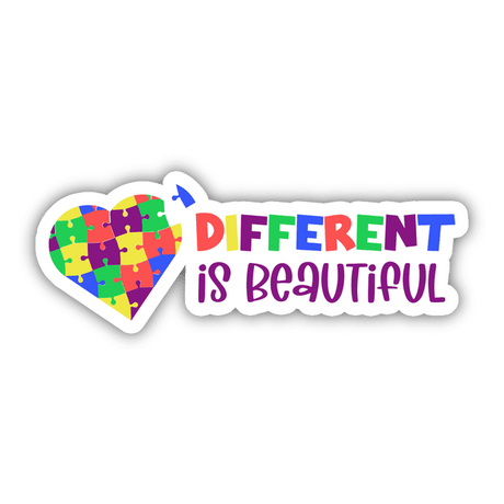 Different is Beautiful Sticker featuring a heart with interlocking puzzle pieces and colorful text overlay.