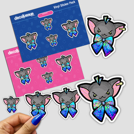 Pixel Ribbon stickers featuring a cartoon cat face with a blue bow tie, perfect for adding a whimsical touch to your items.