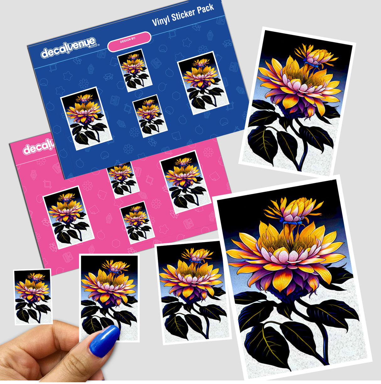 Hand holding a Super Wild Flower sticker pack featuring detailed floral designs, available as stickers or digital artwork.