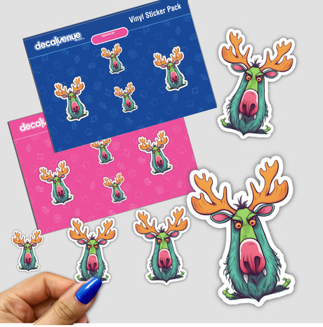 Colorful vinyl stickers featuring adorable and angry-looking moose with distinctive antlers, displayed on a Decal Venue product packaging.