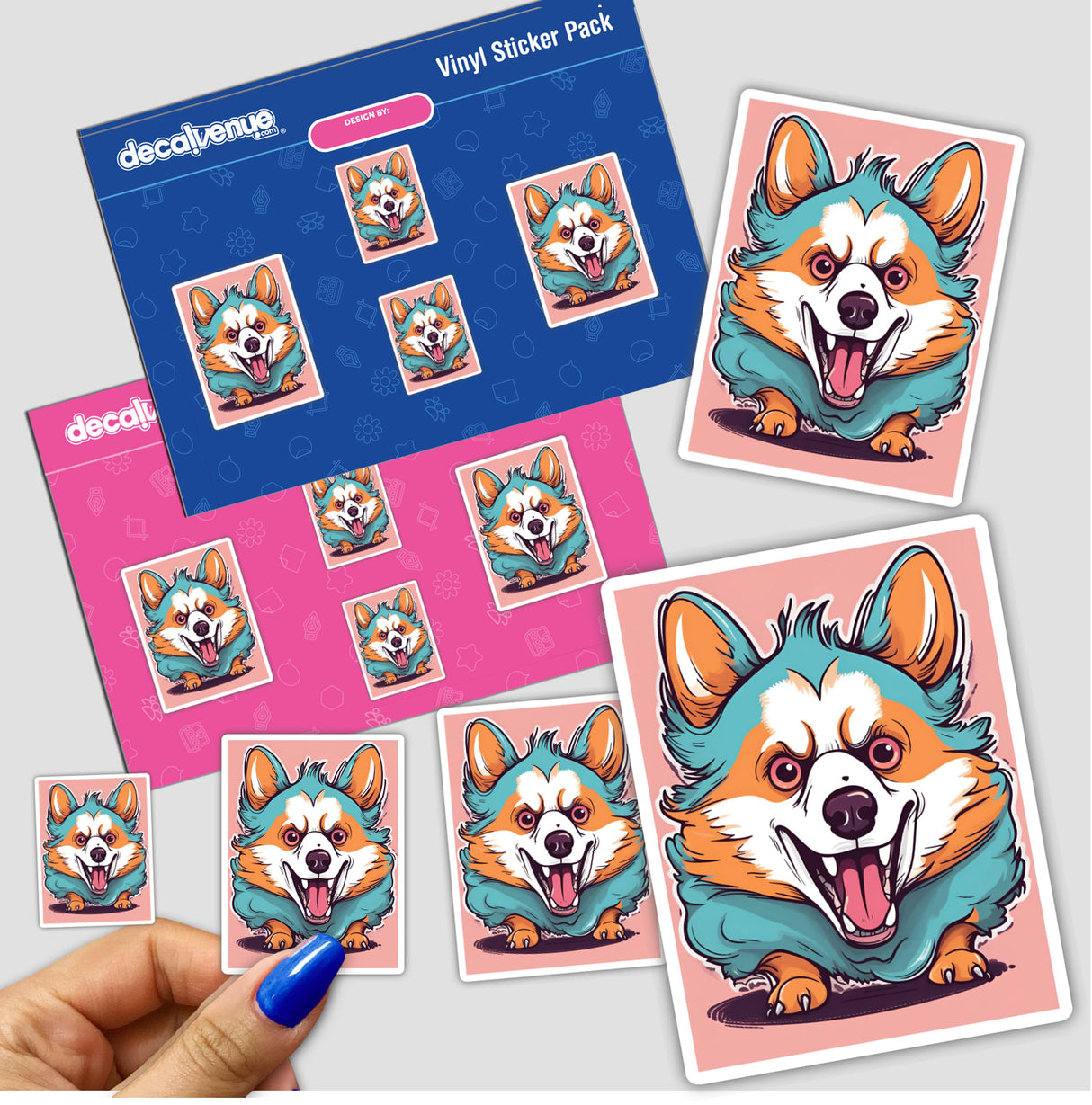 Colorful digital artwork of an adorable, angry-looking corgi dog displayed on stickers and a vinyl sticker pack from Decal Venue, an online store specializing in unique stickers and digital art.