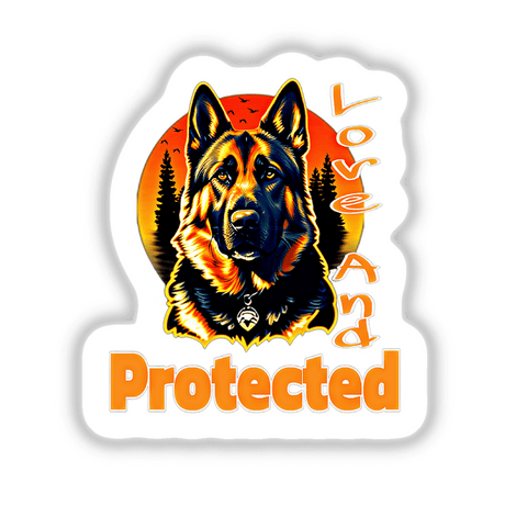 German Shepard Love sticker or digital artwork featuring a dog with a red circle and text, set against a sunset background.