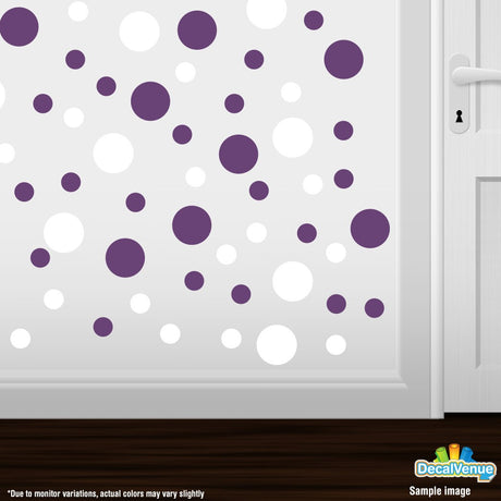 Polka dot circle wall decals in purple and white colors, arranged on a white background.