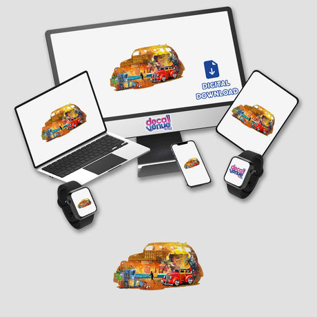 Vibrant collage of beach-themed digital artwork featuring a colorful camper van on various electronic devices, showcasing the product "Woodie Collage on Beach" from the Decal Venue store.