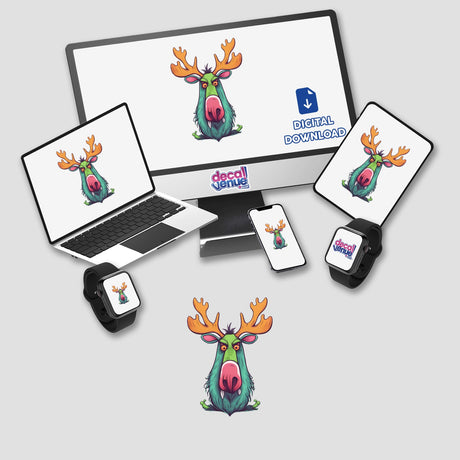 Playful Cartoon Moose - Vibrant digital artwork with a quirky, angry-looking moose featuring colorful antlers, suitable for stickers, digital downloads, and merchandise from Decal Venue's collection.