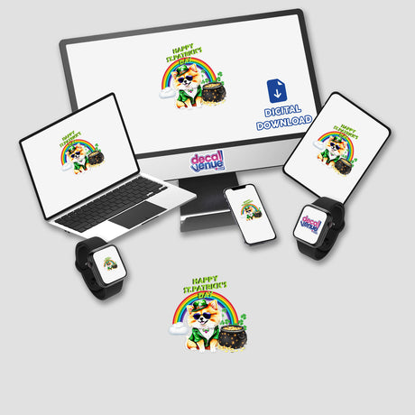 Pomeranian St. Patrick's Day artwork displayed on a computer monitor and laptop screen, featuring a cartoon Pomeranian with a pot of gold. Available as stickers or digital artwork.