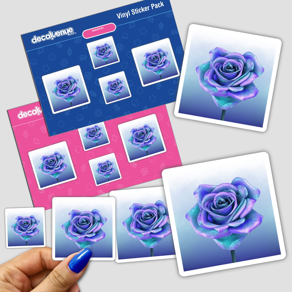 Hand holding a Blue Rose sticker pack, featuring intricate rose designs. Available as stickers or digital artwork.