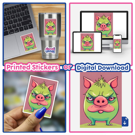 Adorable angry green pig digital artwork shown on various products like laptop, phone, sticker, and tumbler, available as a printed sticker or digital download from Decal Venue online store.