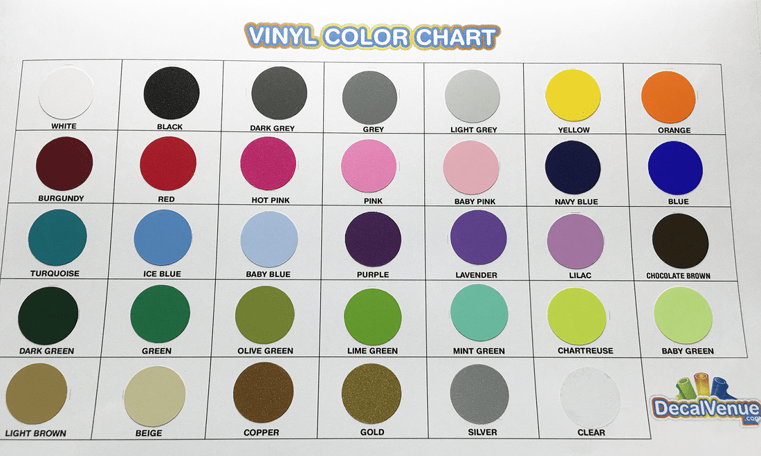 Colorful vinyl color chart displaying various swatch options for wall decals or other vinyl products, including a variety of vibrant and neutral shades. The image provides a comprehensive visual reference for customers to select the desired color for their vinyl decals or projects.