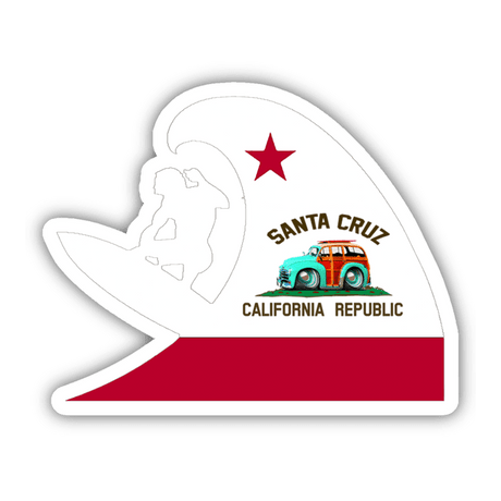 Surf Wave Santa Cruz - Retro surf vehicle and California flag graphic, depicting the essence of coastal lifestyle and beach culture. This digital artwork sticker features vibrant colors and a playful design, perfect for expressing your love for the Santa Cruz region.