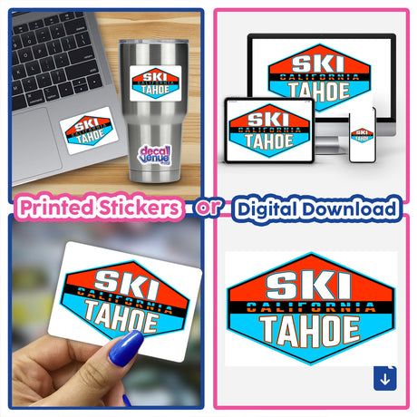 Vibrant digital artwork featuring the "Ski Tahoe" graphic on laptop, tumbler, and mobile device. Prints and digital downloads available for expressing one's style and love for the outdoors.