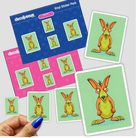 Adorable angry kangaroo digital artwork stickers on colorful product packaging displayed