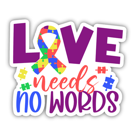 Love needs no words Sticker featuring a colorful puzzle piece adorned with a vibrant ribbon, symbolizing unity and inclusivity.