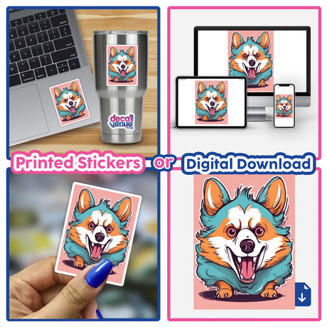 Colorful digital artwork of an adorable angry corgi dog displayed on various devices and products, including a laptop, smartphone, sticker, and tumbler. The vibrant illustration features the corgi's expressive facial features and playful personality.