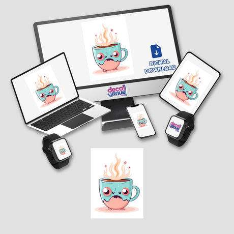 Adorable angry coffee cup, digital artwork featuring a cute, expressive mug with steaming coffee, available as a sticker or digital download from the Decal Venue store.