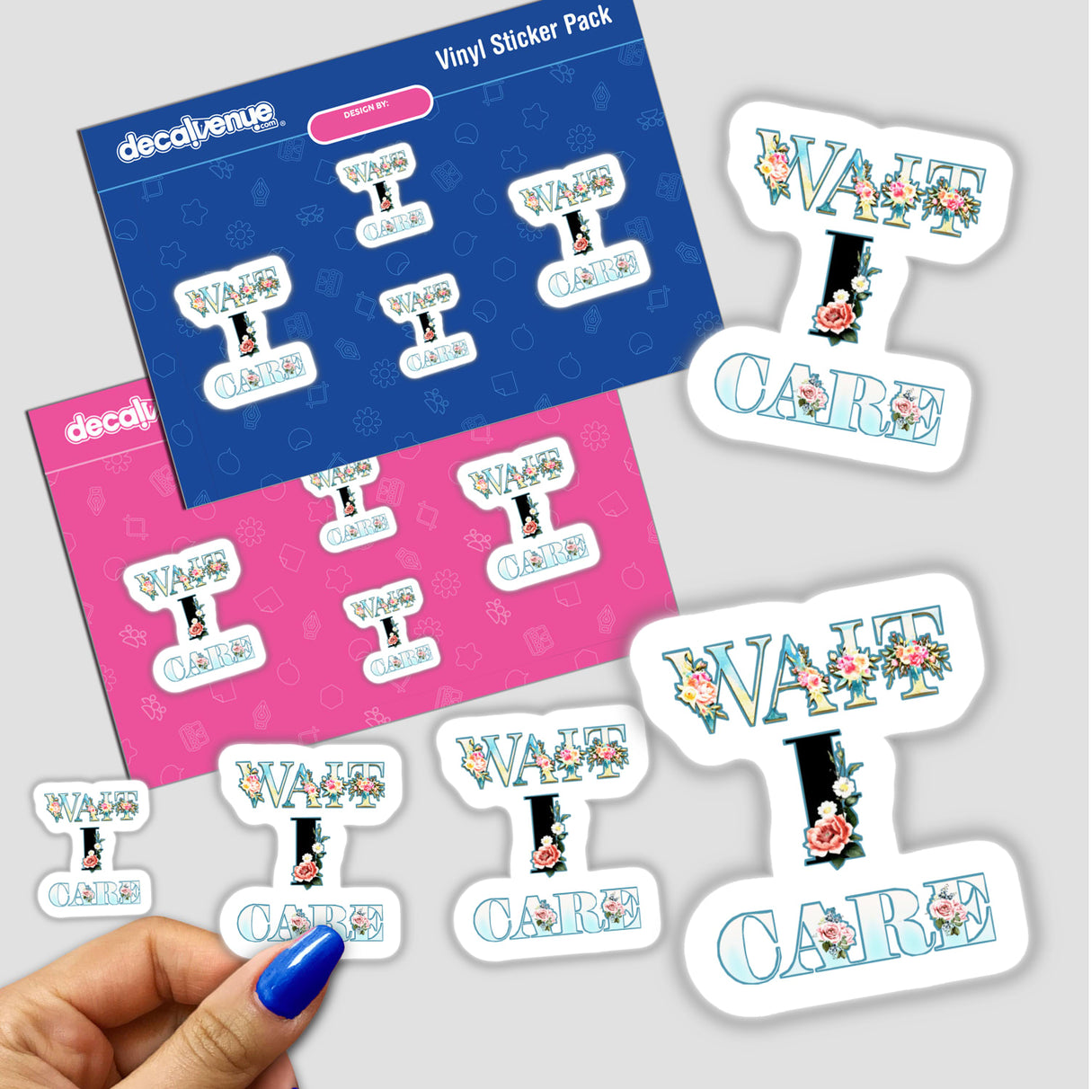 Motivational Inspirational Phrase stickers with letters and floral designs, featuring close-up views of individual stickers and a hand holding them. Available as both physical stickers and digital artwork.