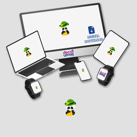 St Patrick's Day Panda with gold coins Sticker featuring a cartoon panda wearing a green hat, displayed on a laptop and computer screen.