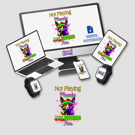 German Shepherd Music digital artwork featuring a dog with headphones and a hat, displayed on a computer monitor, laptop, and phone. Available as stickers or digital art.