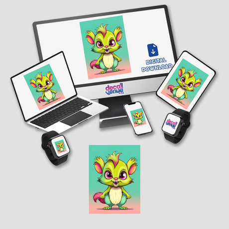 Adorable angry squirrel digital artwork displayed on various devices including laptop, tablet, smartphone, and smartwatch from Decal Venue store.