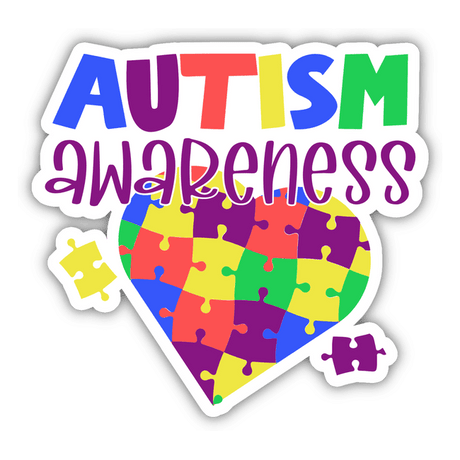 Autism Awareness Sticker: A heart composed of colorful puzzle pieces, symbolizing autism awareness. Available as stickers, perfect for promoting inclusivity and understanding.