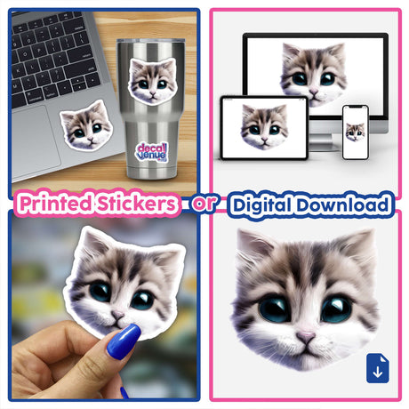 Collage of Cute Cat Face stickers and digital artwork, featuring close-ups of blue-eyed cats on various items like a cup, laptop, and held by a person.