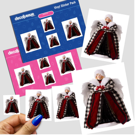 Person holding a sticker pack featuring Angel 2 images, including close-ups of Christmas angel figurines and dolls. Available as stickers or digital artwork.